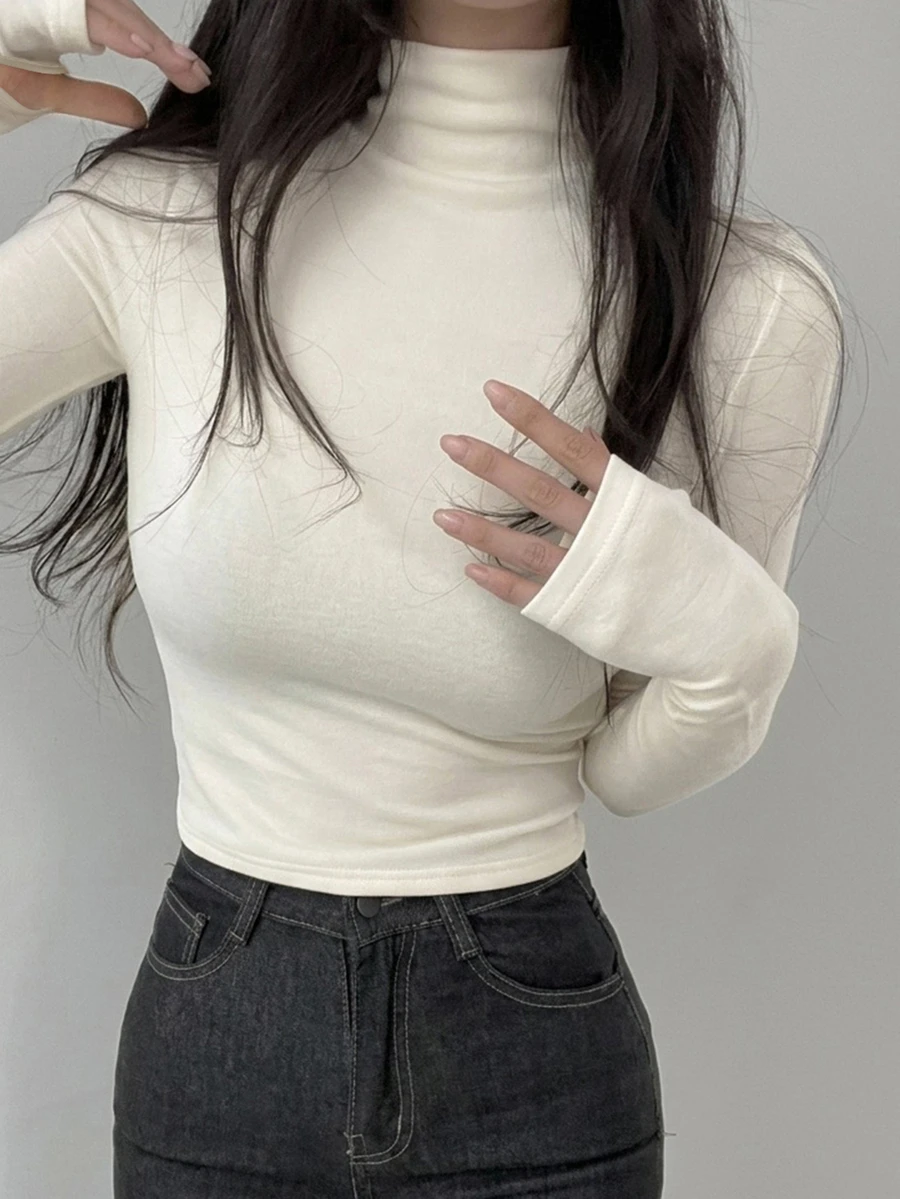 FRIFUL 女款素色立領修身百搭日常穿著長袖T恤 秋季 - 白色 - 查看 1