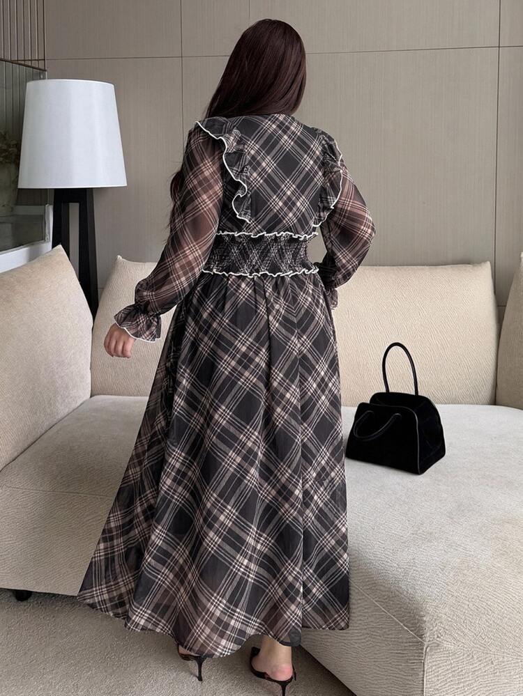 Dazy Plus Spring/Summer Plaid Cinched Waist Ruched Ruffle Hem Flared Skirt Slim Fit Casual Versatile Long Dress Plus Size Women - Black - View 5