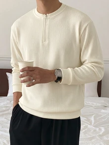 DAZY Men's Off-White Round Neck Half-Zip Long Sleeve Pullover Sweatshirt With Ribbed Knit Fabric And Cuffed Hem And Cuffs Fall - White - View 6