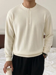 DAZY Men's Off-White Round Neck Half-Zip Long Sleeve Pullover Sweatshirt With Ribbed Knit Fabric And Cuffed Hem And Cuffs Fall - White - View 4