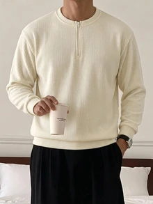 DAZY Men's Off-White Round Neck Half-Zip Long Sleeve Pullover Sweatshirt With Ribbed Knit Fabric And Cuffed Hem And Cuffs Fall - White - View 5