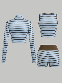 Conjunto de Jaqueta para Meninas Adolescentes, Azul & Marrom em Blocos de Cor, Jaqueta + Calça Conjunto de 2 Peças, Ajuste Solto, Quente para Outono/Inverno, Elegante & Versátil, Casual, Outono, Outono, Zíper, Cor Sólida, Inverno, Gola, Capuz, Gola Redonda - Multicolorido - Visão 2