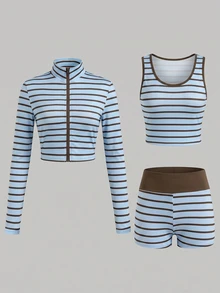 Conjunto de Jaqueta para Meninas Adolescentes, Azul & Marrom em Blocos de Cor, Jaqueta + Calça Conjunto de 2 Peças, Ajuste Solto, Quente para Outono/Inverno, Elegante & Versátil, Casual, Outono, Outono, Zíper, Cor Sólida, Inverno, Gola, Capuz, Gola Redonda - Multicolorido - Visão 3