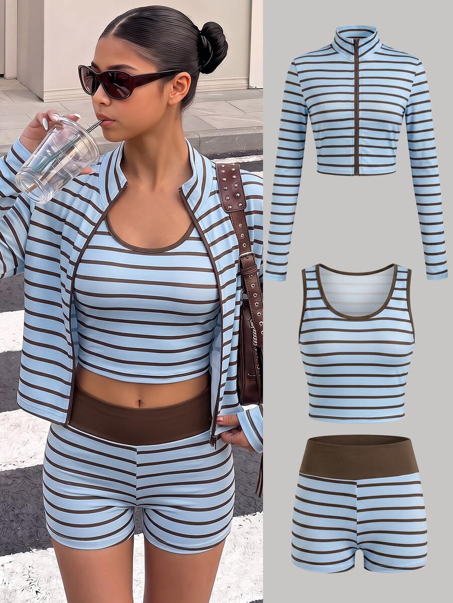 Conjunto de Jaqueta para Meninas Adolescentes, Azul & Marrom em Blocos de Cor, Jaqueta + Calça Conjunto de 2 Peças, Ajuste Solto, Quente para Outono/Inverno, Elegante & Versátil, Casual, Outono, Outono, Zíper, Cor Sólida, Inverno, Gola, Capuz, Gola Redonda - Multicolorido - Visão 1