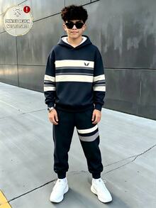 連帽長袖衛衣與長褲套裝，高品質時尚數位印花，適合男孩秋季穿著，舒適簡約休閒街頭日常風格 - 彩色 - 查看 3