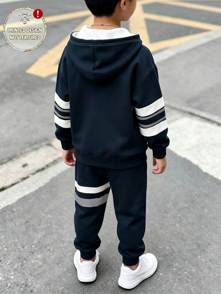 2pcs Tween Boys Hoodie Sets Street Navy Blue White Striped Loose Ribbed Cuffs Long Sleeve Fall Back-To-School Casual Minimalist - Multicolor - View 2