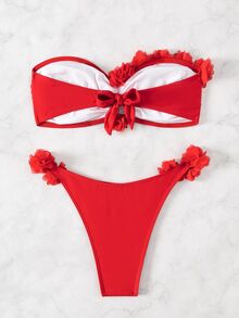 Swim Chiccia 女款夏季海灘純色3D花卉裝飾抓皺平口性感比基尼泳衣套裝 - 紅色 - 查看 2