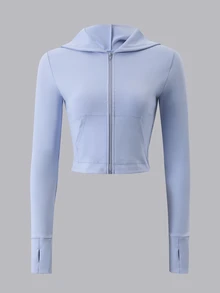 SHEIN With My Calm Women's Solid Color Long Sleeve Zip-Up Hooded Sports T-Shirt - Blue - View 4