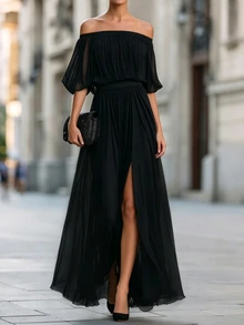 SHEIN Gaun Wanita Warna Polos dengan Leher Persegi - Hitam - View 3