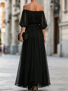 SHEIN Gaun Wanita Warna Polos dengan Leher Persegi - Hitam - View 2