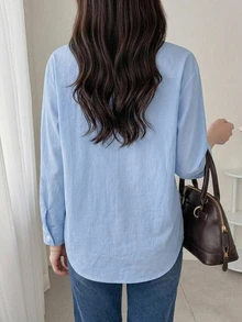 DAZY Women's Casual Single-Breasted Long Sleeve Shirt For Business Office Fall - Blue - View 3