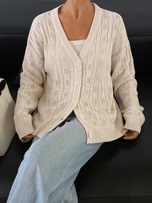DAZY Cardigan Wanita Warna Polos Longgar Leher V Lengan Panjang Rajut Berongga Kasual untuk Liburan Musim Semi Musim Gugur - Aprikot - View 5