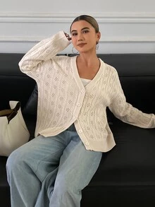 DAZY Cardigan Wanita Warna Polos Longgar Leher V Lengan Panjang Rajut Berongga Kasual untuk Liburan Musim Semi Musim Gugur - Aprikot - View 6