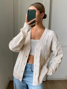 DAZY Cardigan Wanita Warna Polos Longgar Leher V Lengan Panjang Rajut Berongga Kasual untuk Liburan Musim Semi Musim Gugur - Aprikot - View 3