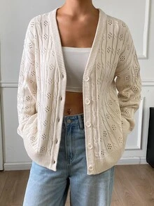 DAZY Cardigan Wanita Warna Polos Longgar Leher V Lengan Panjang Rajut Berongga Kasual untuk Liburan Musim Semi Musim Gugur - Aprikot - View 4