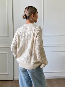 DAZY Cardigan Wanita Warna Polos Longgar Leher V Lengan Panjang Rajut Berongga Kasual untuk Liburan Musim Semi Musim Gugur - Aprikot - View 2
