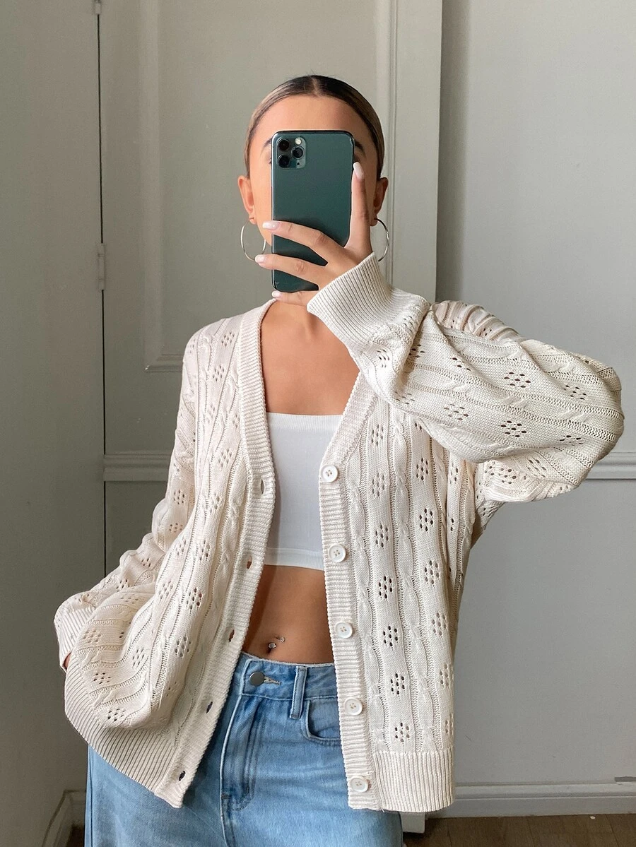 DAZY Cardigan Wanita Warna Polos Longgar Leher V Lengan Panjang Rajut Berongga Kasual untuk Liburan Musim Semi Musim Gugur - Aprikot - View 1