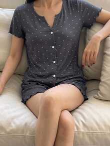 Livesso 2件組波點圖案短袖短版開襟衫與睡褲套裝，女款夏季睡衣 - 深灰色 - 查看 5