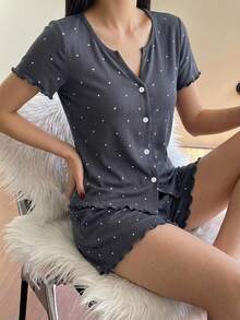 Livesso 2件組波點圖案短袖短版開襟衫與睡褲套裝，女款夏季睡衣 - 深灰色 - 查看 1