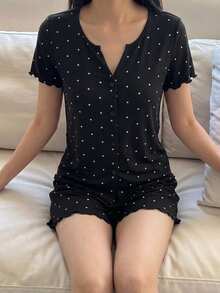 Livesso 2件組波點圖案短袖短版開襟衫與睡褲套裝，夏季女款睡衣套裝 - 黑色 - 查看 3