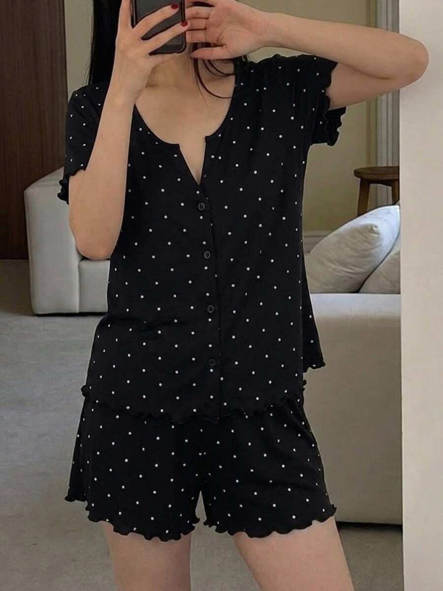 Livesso 2件組波點圖案短袖短版開襟衫與睡褲套裝,夏季女款睡衣套裝 - 黑色 - 查看 1