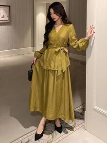 DAZY 女款春夏優雅純色V領繫帶襯衫與A字裙兩件套，婚禮賓客裙裝 - 綠色 - 查看 7
