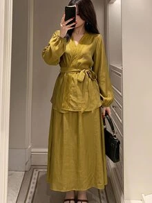 DAZY 女款春夏優雅純色V領繫帶襯衫與A字裙兩件套，婚禮賓客裙裝 - 綠色 - 查看 5
