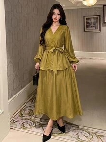 DAZY 女款春夏優雅純色V領繫帶襯衫與A字裙兩件套，婚禮賓客裙裝 - 綠色 - 查看 4
