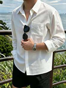 DAZY White Textured Fabric Men's Long Sleeve Shirt - White - View 6