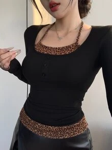 DAZY Women Leopard Print Halter Splicing Long Sleeve T-Shirt - Black - View 6