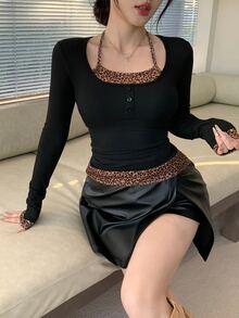 DAZY Women Leopard Print Halter Splicing Long Sleeve T-Shirt - Black - View 2