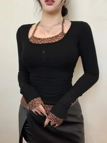 DAZY Women Leopard Print Halter Splicing Long Sleeve T-Shirt - Black - View 9