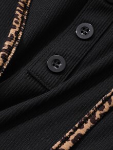 DAZY Women Leopard Print Halter Splicing Long Sleeve T-Shirt - Black - View 8