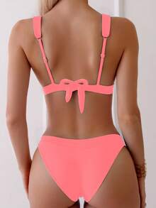 Swim Mod 2pcs Women Summer Beach Outfits Solid Color Twist Front Thick Strap High Cut Bikini Set - Coral Pink - View 2