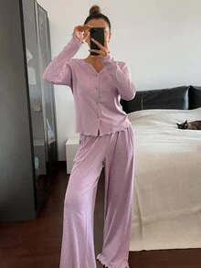 DAZY 波点印花女士纽扣前开襟长袖上衣和口袋裤睡衣套装，秋冬服装 - 淡紫色 - 查看 5