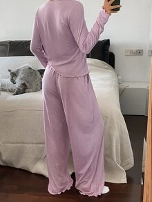 DAZY 波点印花女士纽扣前开襟长袖上衣和口袋裤睡衣套装，秋冬服装 - 淡紫色 - 查看 2