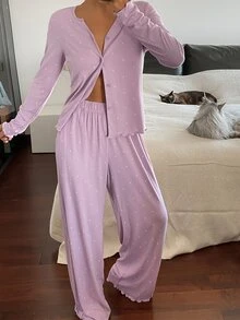 DAZY 波点印花女士纽扣前开襟长袖上衣和口袋裤睡衣套装，秋冬服装 - 淡紫色 - 查看 4