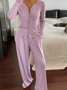 DAZY 波点印花女士纽扣前开襟长袖上衣和口袋裤睡衣套装，秋冬服装 - 淡紫色 - 查看 3