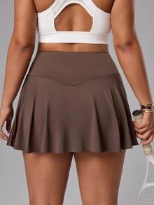 SHEIN Unity Women's Plus Size Solid Color Pocket Daily Fitness Athletic Midsize Sports Skort Golf Brown Summer - Khaki - View 4