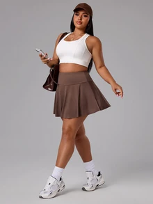SHEIN Unity Women's Plus Size Solid Color Pocket Daily Fitness Athletic Midsize Sports Skort Golf Brown Summer - Khaki - View 6