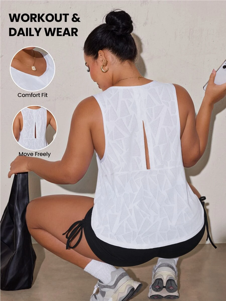 Rhythm Era Plus Size Sports Bamboo Leaf Jacquard Tank Top, Fashion Loose Fit Back Hollow Out Cool T-Shirt Top - White - View 1