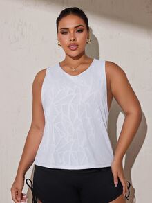Rhythm Era Plus Size Sports Bamboo Leaf Jacquard Tank Top, Fashion Loose Fit Back Hollow Out Cool T-Shirt Top - White - View 3