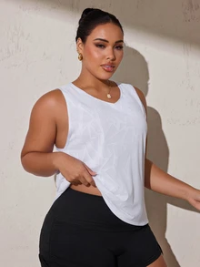 Rhythm Era Plus Size Sports Bamboo Leaf Jacquard Tank Top, Fashion Loose Fit Back Hollow Out Cool T-Shirt Top - White - View 4