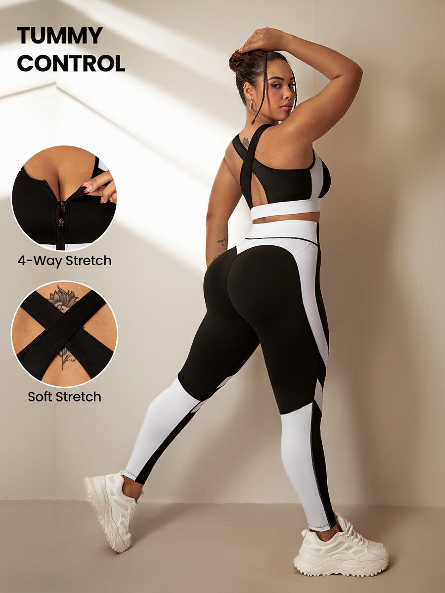 SHEIN Rhythm Era Plus Size 2pcs Activewear Set, Black & White Patchwork Zip-Up Sports Bra & Functional Color Block Leggings Workout Women Set