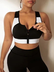 SHEIN Rhythm Era Plus Size 2pcs Activewear Set, Black & White Patchwork Zip-Up Sports Bra & Functional Color Block Leggings Workout Women Set - Black and White - View 4