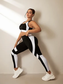 SHEIN Rhythm Era Plus Size 2pcs Activewear Set, Black & White Patchwork Zip-Up Sports Bra & Functional Color Block Leggings Workout Women Set - Black and White - View 5