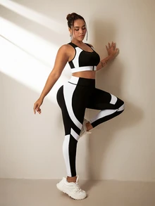 SHEIN Rhythm Era Plus Size 2pcs Activewear Set, Black & White Patchwork Zip-Up Sports Bra & Functional Color Block Leggings Workout Women Set - Black and White - View 7
