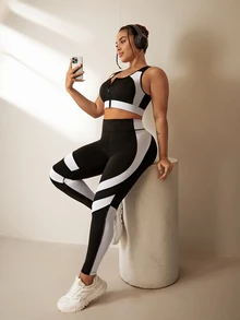 SHEIN Rhythm Era Plus Size 2pcs Activewear Set, Black & White Patchwork Zip-Up Sports Bra & Functional Color Block Leggings Workout Women Set - Black and White - View 3
