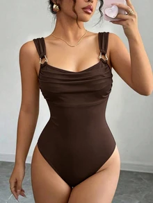 Elenzga 女款優雅性感純色無袖連身衣，適合夏季泳池派對與海灘，深棕色 - 棕色 - 查看 3