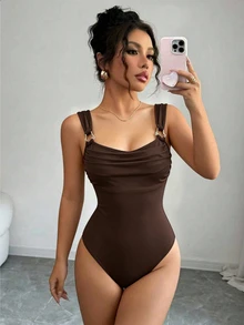Elenzga 女款優雅性感純色無袖連身衣，適合夏季泳池派對與海灘，深棕色 - 棕色 - 查看 1